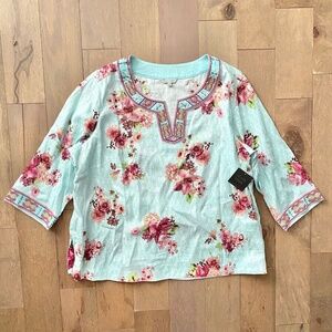 John Mark Nwt Ice Floral Embroidered & Beaded 3/4 Sleeve Tunic Top Large L